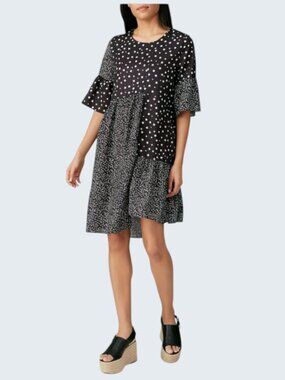 CAARA Millazo Polka Dot Black White Mixed Print Dress Bell Sleeve Asymmetric Lrg